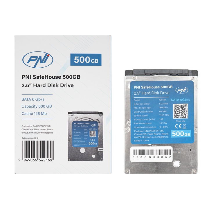 Вътрешен твърд диск PNI SafeHouse 500GB, 2.5", SATA 6GB/s, капацитет 500GB, кеш 128MB