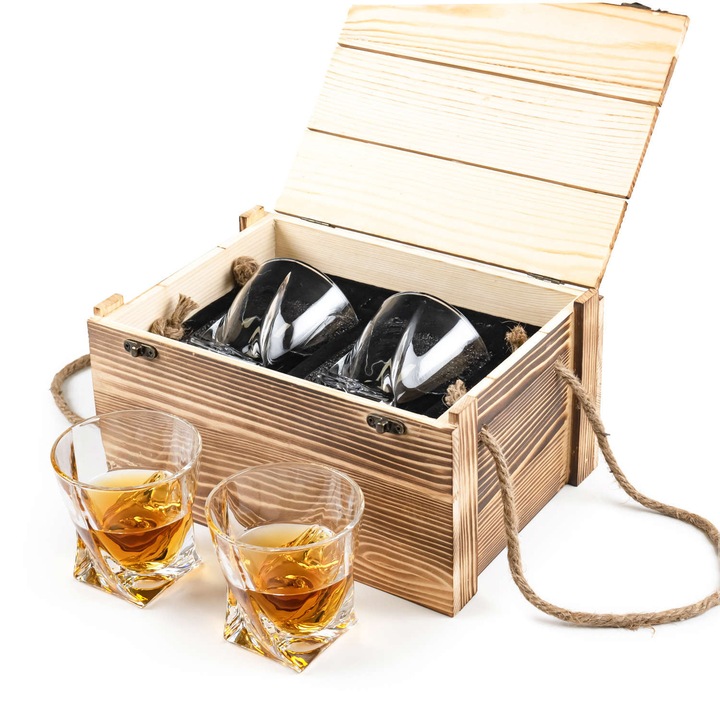 Ajándék szett 2 db 270 ml-es whiskys pohárból fa dobozzal - Elegáns kivitel, ellenálló üveg, ideális ajándéknak