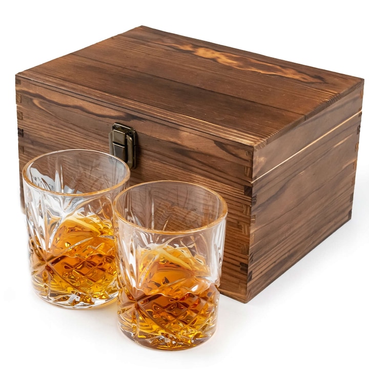 2 db 250 ml-es whiskys pohár fadobozos készlet - Elegáns kivitel, ideális ajándék férfiaknak
