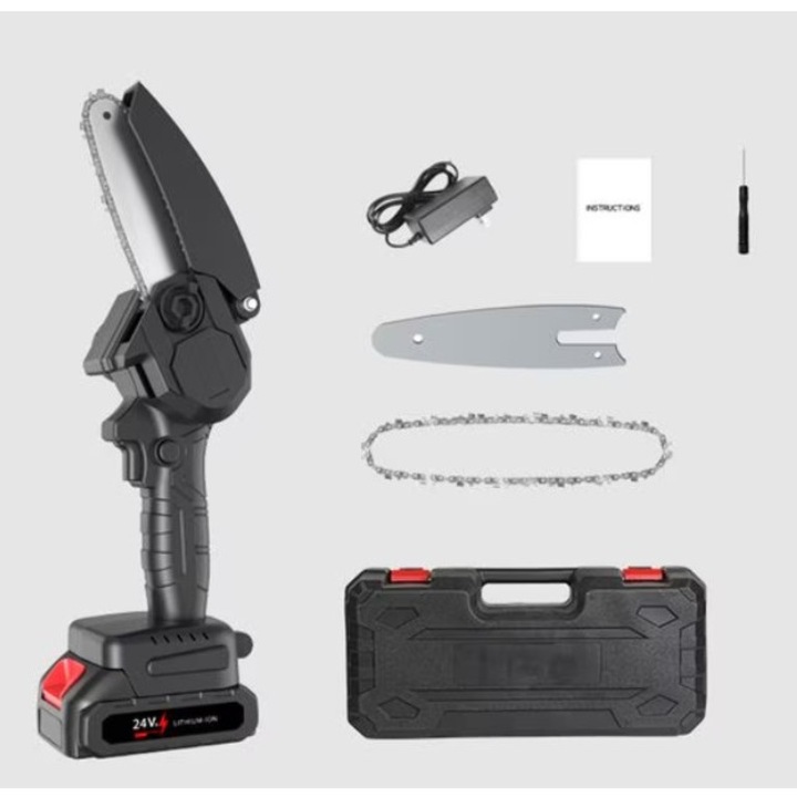 Fierastrau mini cu lant electric portabil/ Drujba, 6'', 2 lame, 2 Baterii 48V, Negru