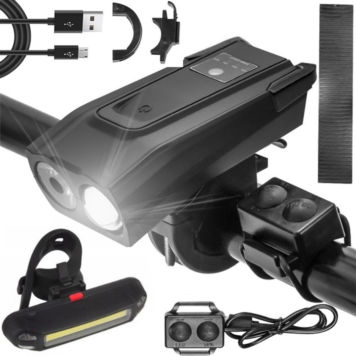 Set Lumini Bicicleta pentru fata si spate, Renew Force, Far Cu Led, Cu Senzor de Lumina, Inteligent,6 Moduri Iluminare, corn semnal puternic, Incarcare USB, IPX6 rezistent la apa, Negru, BK-1718A