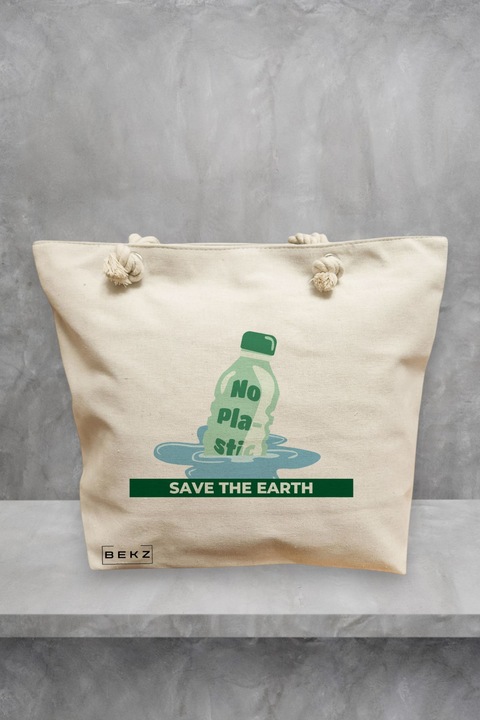 Geanta de plaja, model No plastic – Save the earth, 40x51 cm, Crem, BEKZ®