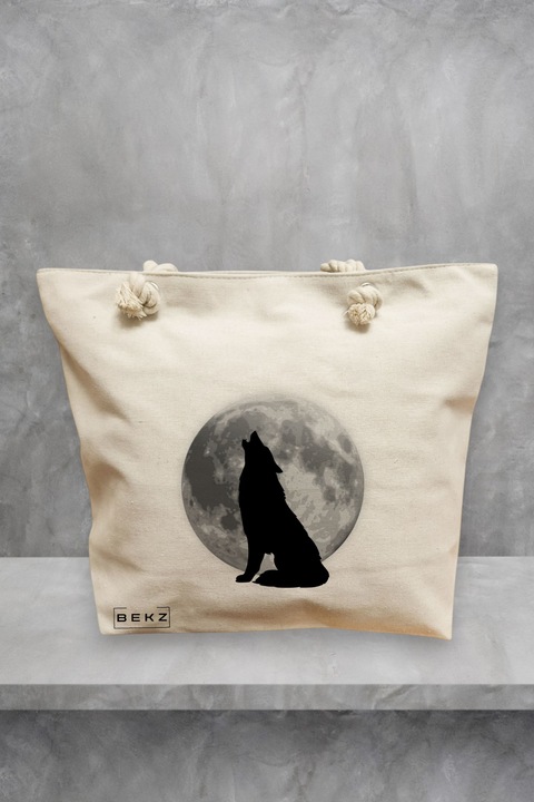 Geanta de plaja, model Lup si Luna, 40x51 cm, Crem, BEKZ®