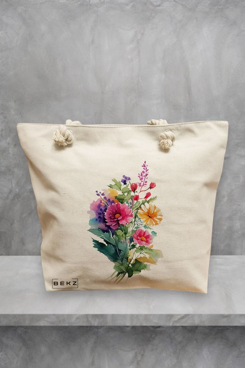 Geanta de plaja, model The Bouquet, 40x51 cm, Crem, BEKZ®
