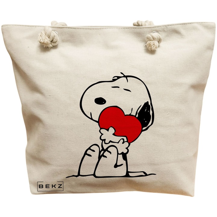 Geanta Canvas Tote pentru femei, model Doggo Love, 40x51 cm, Crem, BEKZ®