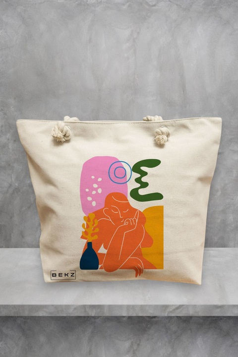 Geanta de plaja, model Contemplatie Abstracta, 40x51 cm, Crem, BEKZ®