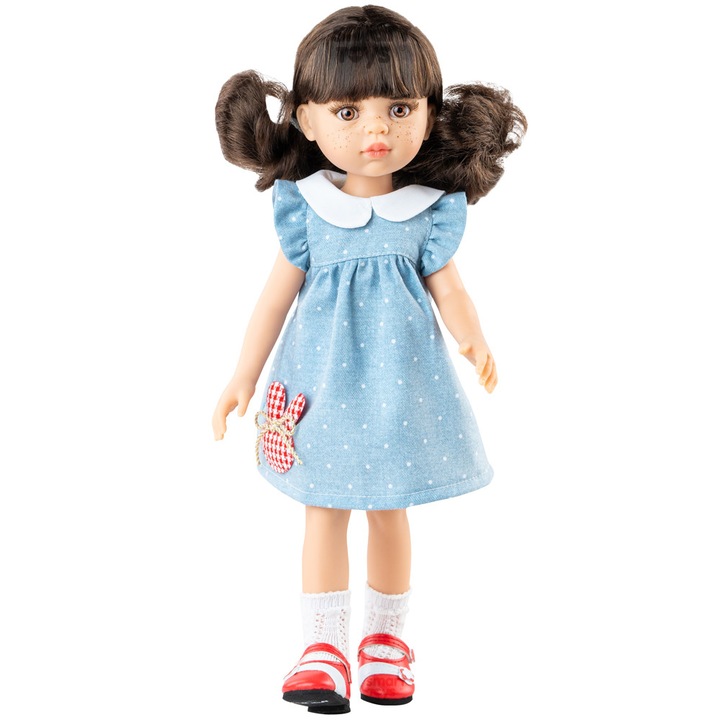 Carol baba, 32 cm, kék ruhában, fehér pöttyös - Amigas, Paola Reina