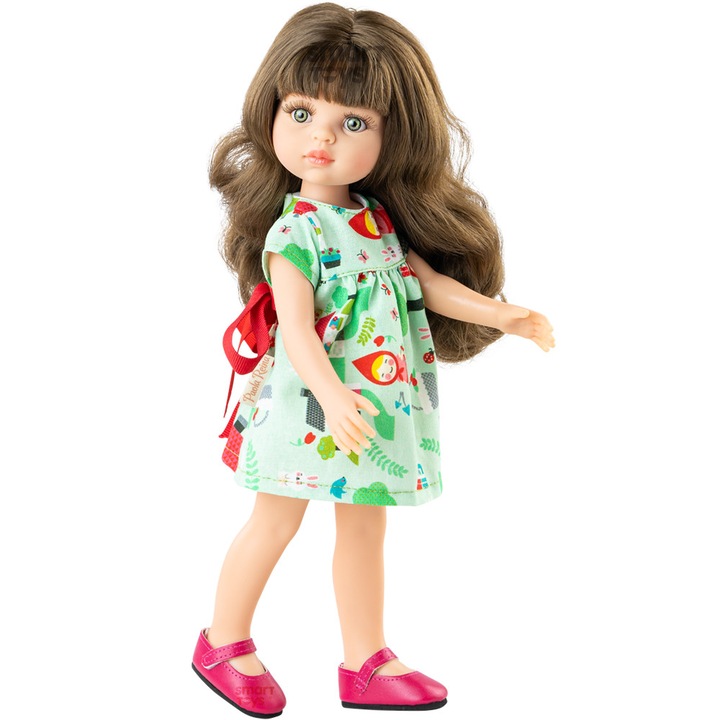 Carol baba, 32 cm, zöld ruhában, piros masnival, Amigas, Paola Reina
