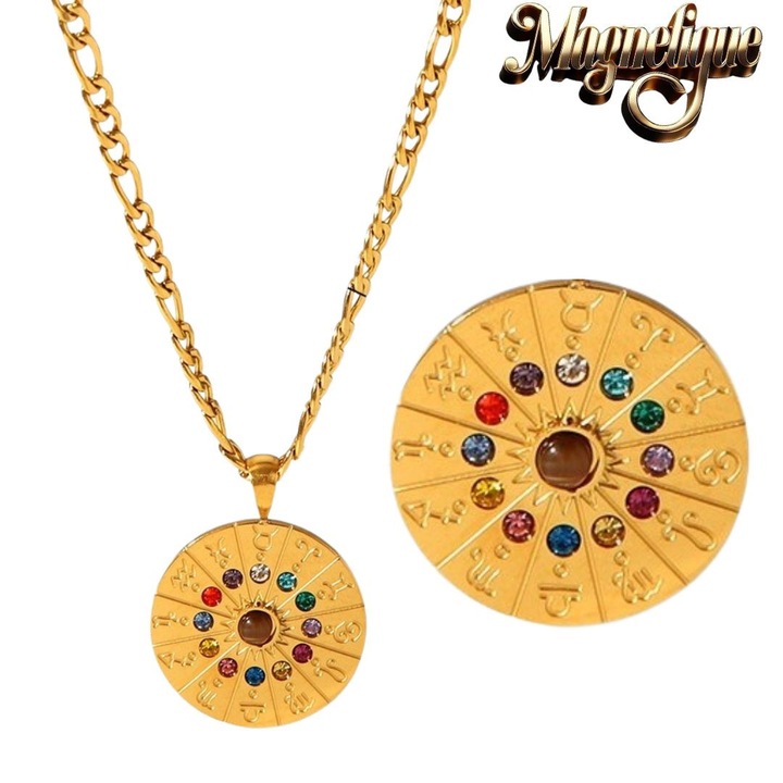 Pandantiv cu Lant, Lant cu Pandantiv Mudra Cercul Destinului Auriu, Colier Unisex din Otel Inoxidabil cu Pandantiv Rotund, 12Zodii Gravate, Zirconiu Colorat, Lant Reglabil 50-60cm, Rezistent la Apa, Bijuterie Spirituala, Amuleta Simbol, Obiect Spiritual