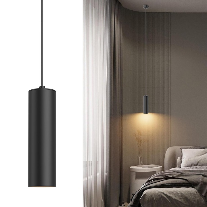 Lampa suspendata LED, cu bec 5W, lumina alb cald, reglabila pe inaltime, Ideala pentru Dormitor, Living, 20 cm, Negru