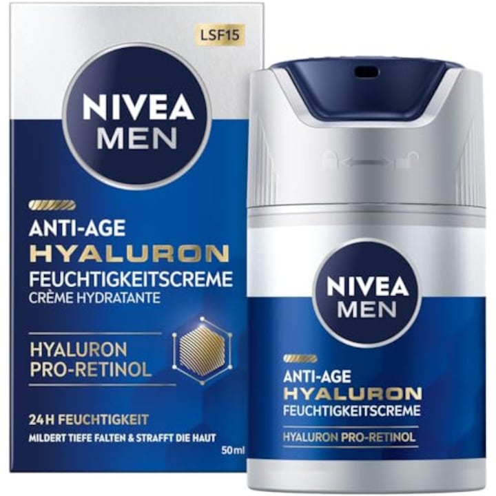 Крем за лице - Nivea Men - Hyaluron Anti-Age Хидратиращ крем - Грижа за лице с хиалуронова киселина, про-ретинол и SPF 15 - Крем за лице за 24-часова хидратация и видимо намаляване на бръчките - 50 ml