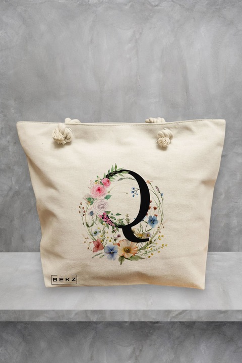 Geanta de plaja, Cu litera Q in Coronita Florala, 40x51 cm, Crem, BEKZ®