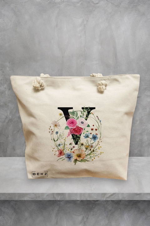 Geanta de plaja, Cu litera V in Coronita Florala, 40x51 cm, Crem, BEKZ®