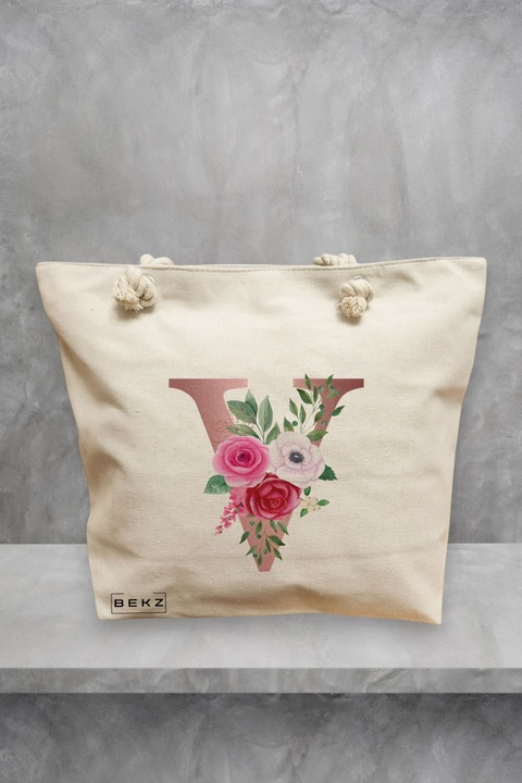 Geanta de plaja, Cu litera V Rose Gold si Trandafiri, 40x51 cm, Crem, BEKZ®