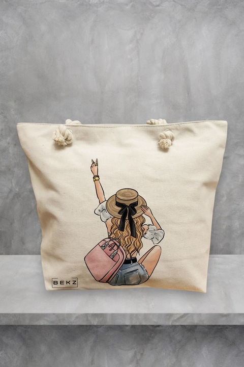 Geanta de plaja Travel Girl 7, 40x51 cm, Crem, BEKZ®