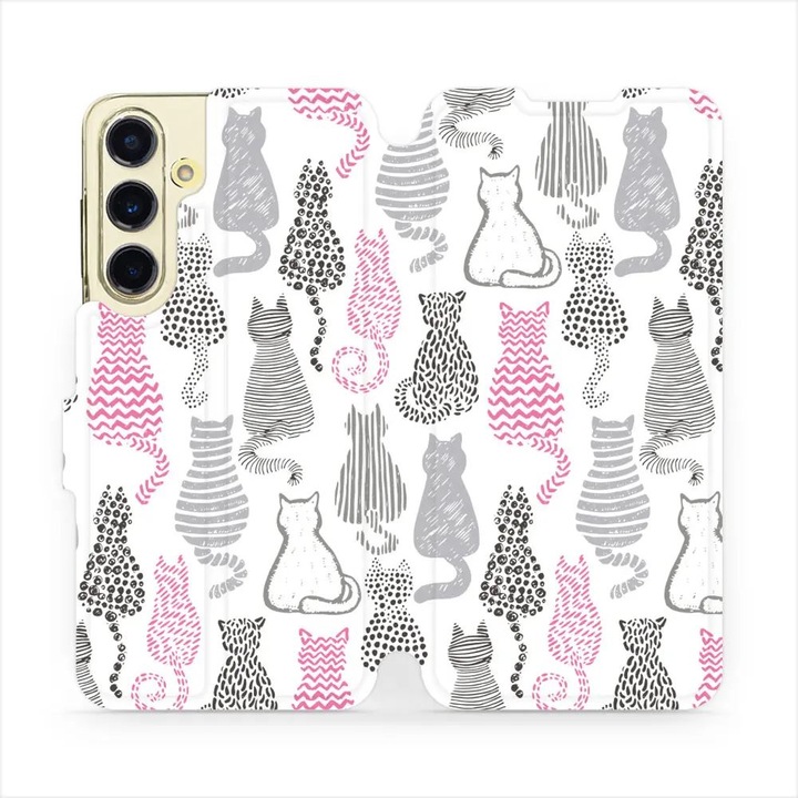 Husa flip Mobiwear pentru Samsung Galaxy S24 FE, design cu pisici, rezistenta la socuri si zgarieturi