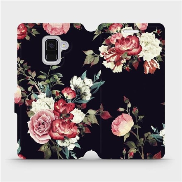 Husa flip Mobiwear pentru Samsung Galaxy A8 2018, design cu flori, neagra, material din piele ecologica