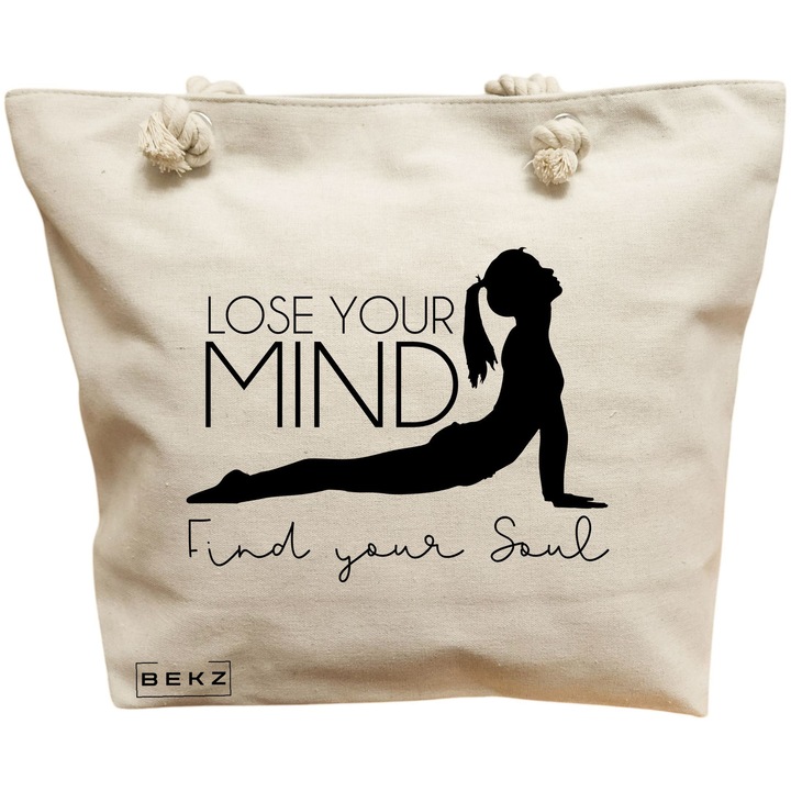 Vászon tote táska, női jóga, Lose Your Mind Find your soul, 40x51 cm, fehér, BEKZ