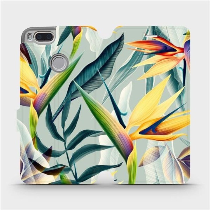 Husa flip Mobiwear pentru Xiaomi Mi A1, flori mari galbene si frunze verzi, material ecologic, multicolor