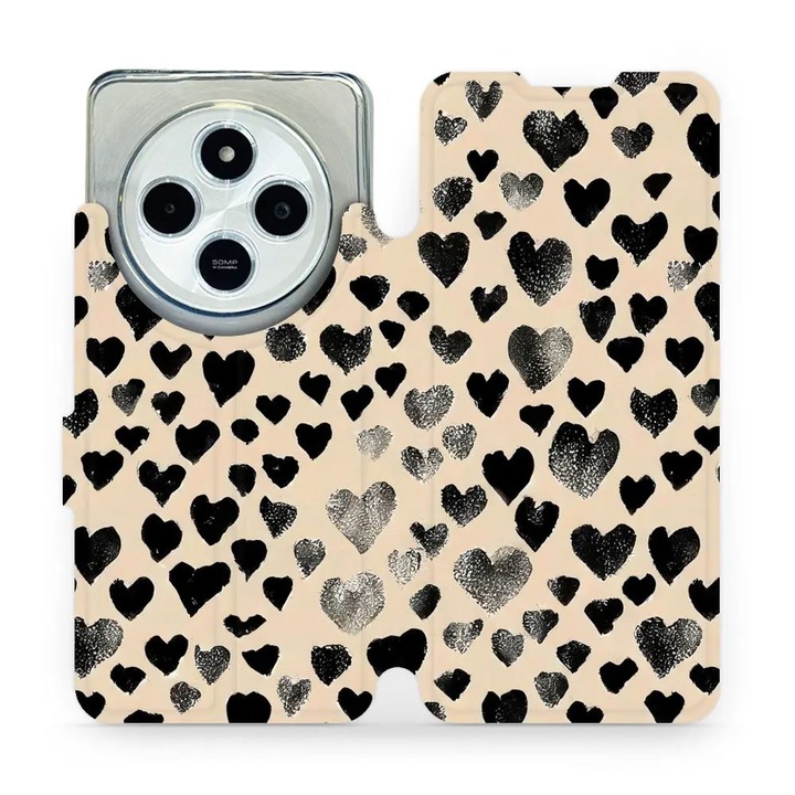 Mobiwear flip tok Xiaomi Redmi 14C / Poco C75 telefonhoz, szívecskés dizájn, sokszínű, ökológiai bőr anyag