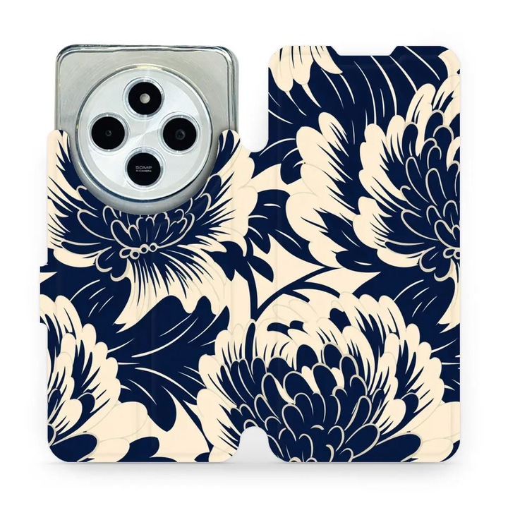 Mobiwear flip tok Xiaomi Redmi 14C / Poco C75 telefonhoz, virág dizájn, kék, környezetbarát anyag