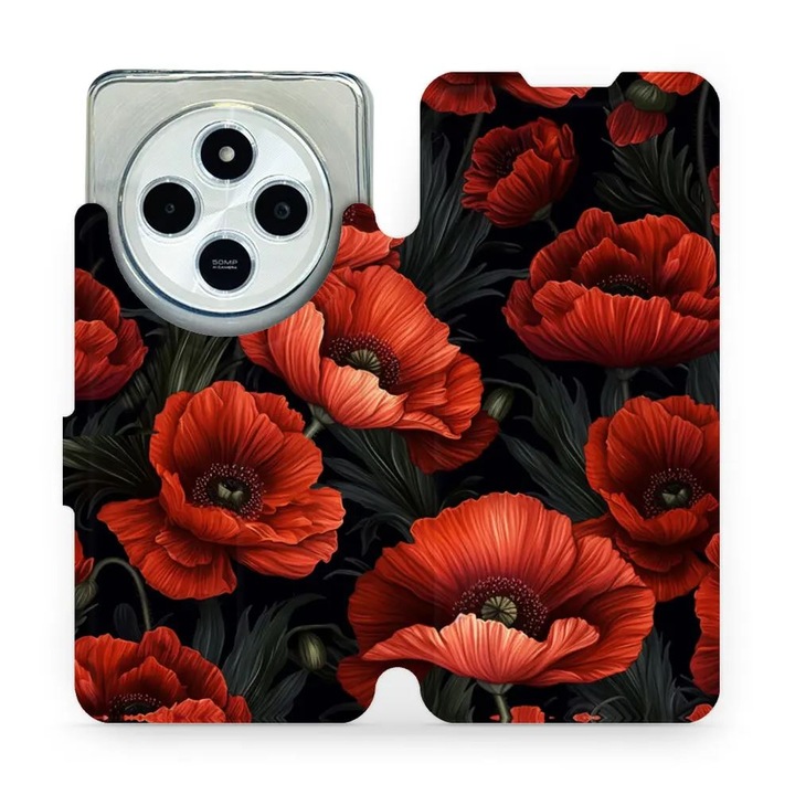 Mobiwear flip huzat Xiaomi Redmi 14C / Poco C75 telefonhoz, piros virágokkal, ökológiai bőr anyag, szett