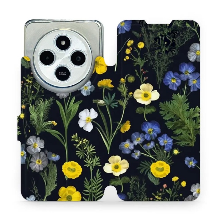 Mobiwear flip cover Xiaomi Redmi 14C / Poco C75 telefonhoz, virág dizájn, fekete, környezetbarát anyag