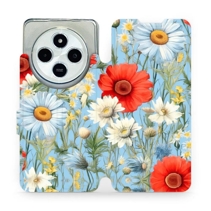 Mobiwear flip huzat Xiaomi Redmi 14C / Poco C75 telefonhoz, virág dizájn, piros, környezetbarát anyag