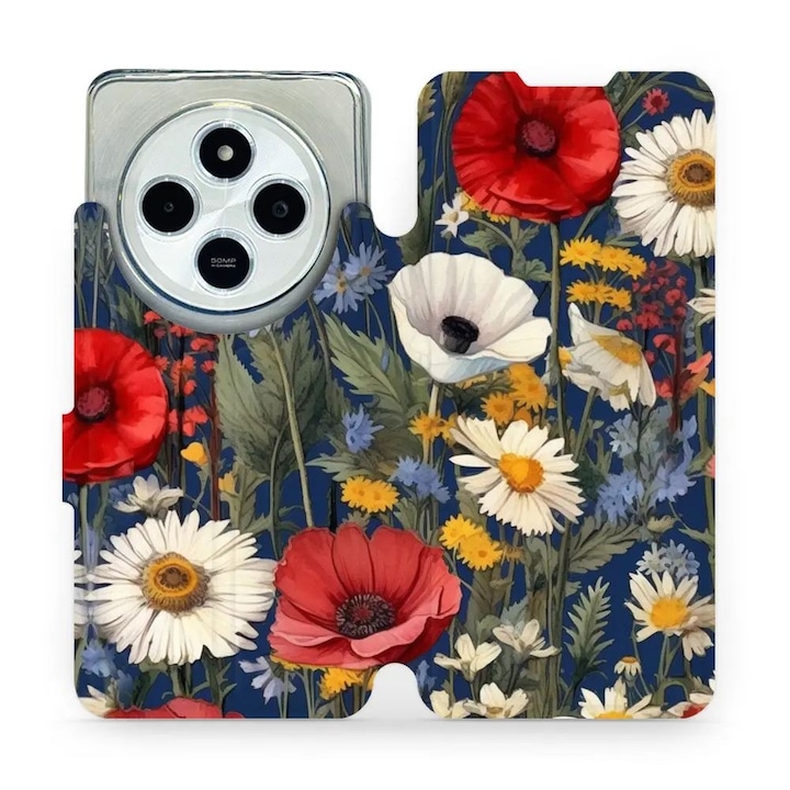 Mobiwear flip tok Xiaomi Redmi 14C / Poco C75-höz, virág dizájn, sokszínű, környezetbarát anyag