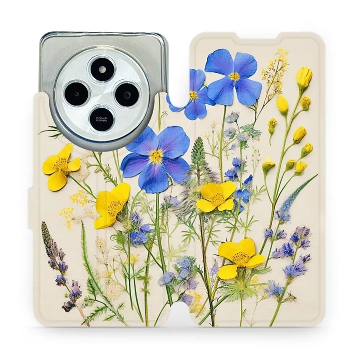 Mobiwear flip tok Xiaomi Redmi 14C / Poco C75-höz, virág dizájn, eko-bőr anyag