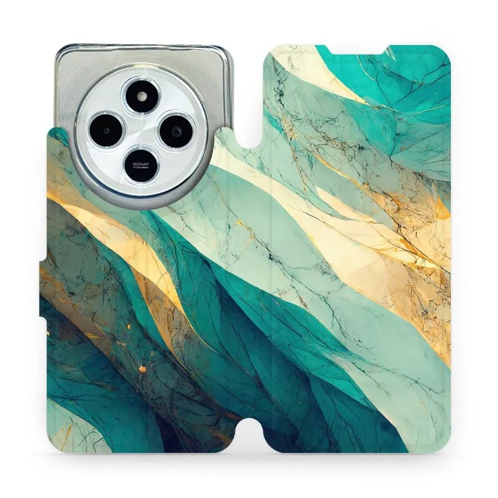 Mobiwear flip cover Xiaomi Redmi 14C / Poco C75 telefonhoz, zöld és arany márvány, elegáns design, ütésálló