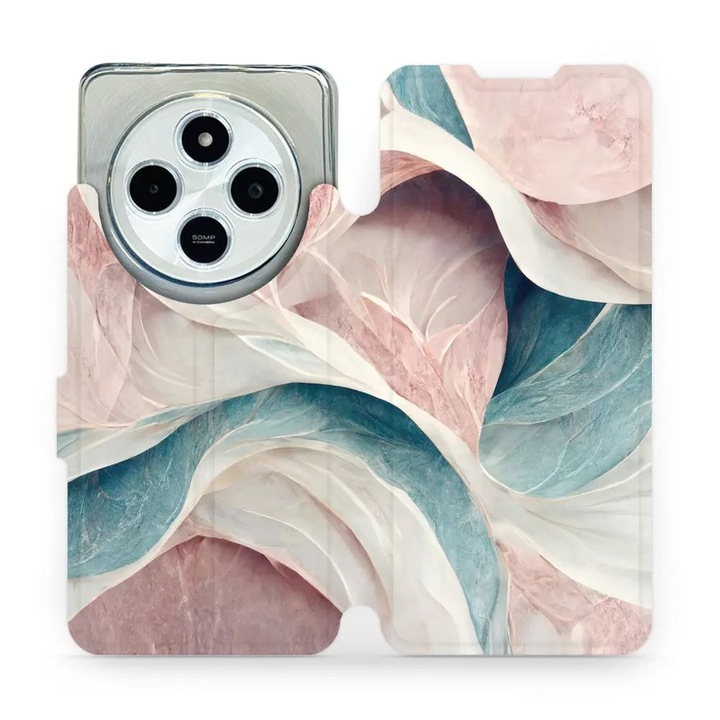 Mobiwear flip tok Xiaomi Redmi 14C / Poco C75-höz, rózsaszín és zöld márvány, környezetbarát anyag, készlet