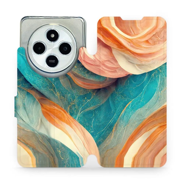 Mobiwear flip tok Xiaomi Redmi 14C / Poco C75-höz, azúrkék és narancssárga márvány, környezetbarát anyag, szett 1 tok