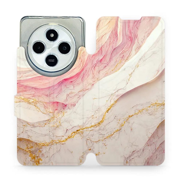 Mobiwear flip tok Xiaomi Redmi 14C / Poco C75-höz, rózsaszín és arany márvány, ökológiai anyag, szett 1 db.