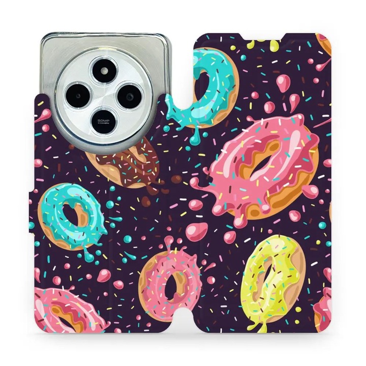 Mobiwear flip tok Xiaomi Redmi 14C / Poco C75-höz, Donutky design, sokszínű, környezetbarát anyag