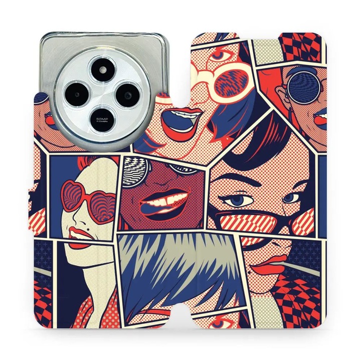 Mobiwear flip tok Xiaomi Redmi 14C / Poco C75-höz, sokszínű dizájn, ökológiai bőr anyag, integrált támasztékkal