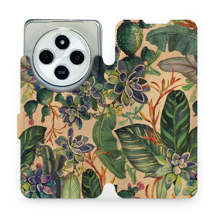 Mobiwear flip tok Xiaomi Redmi 14C / Poco C75-höz, virág dizájn, sokszínű, környezetbarát anyag