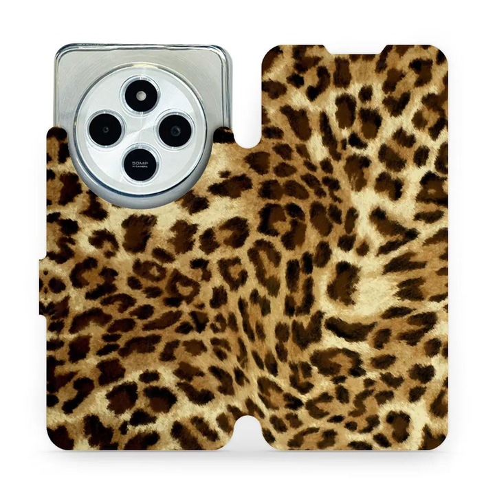 Mobiwear flip tok Xiaomi Redmi 14C / Poco C75-höz, macskás dizájn, sokszínű, ökológiai bőr anyag