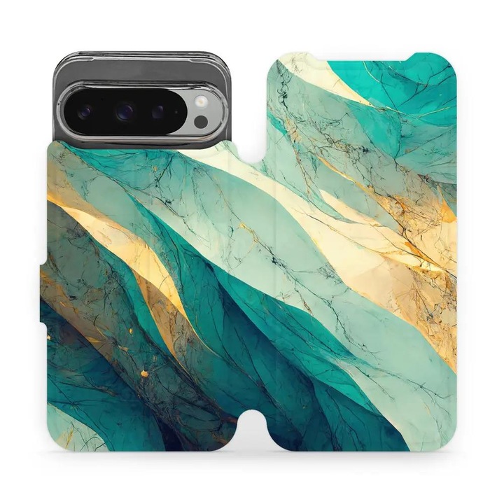 Husa flip Mobiwear pentru Google Pixel 9 Pro XL, mramor verde si auriu, design elegant, rezistent la socuri, set 1 husa