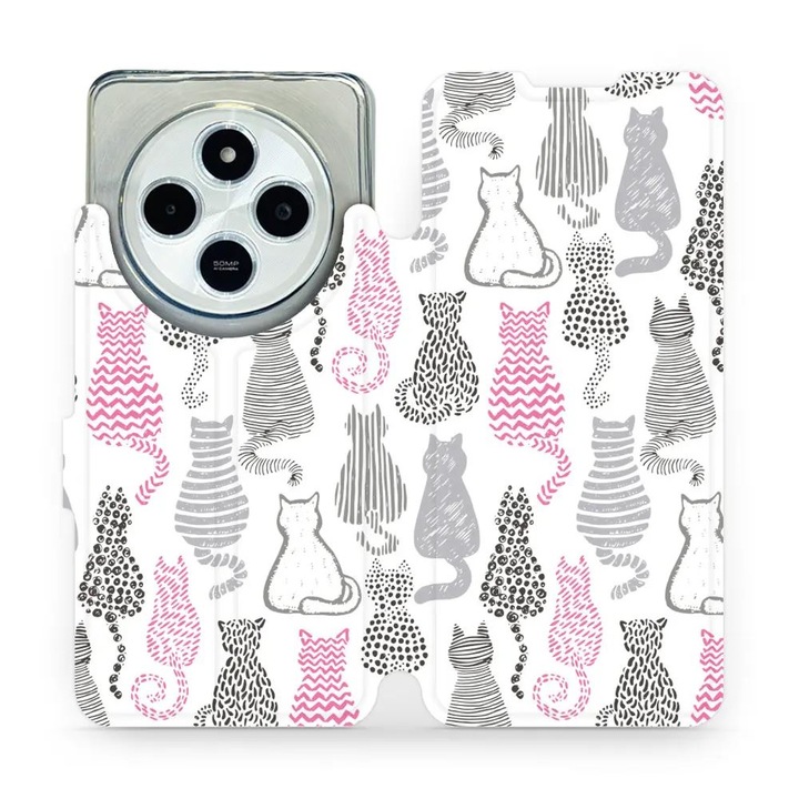 Mobiwear flip tok Xiaomi Redmi 14C / Poco C75-höz, macska dizájn, többszínű, ökológiai bőr anyag