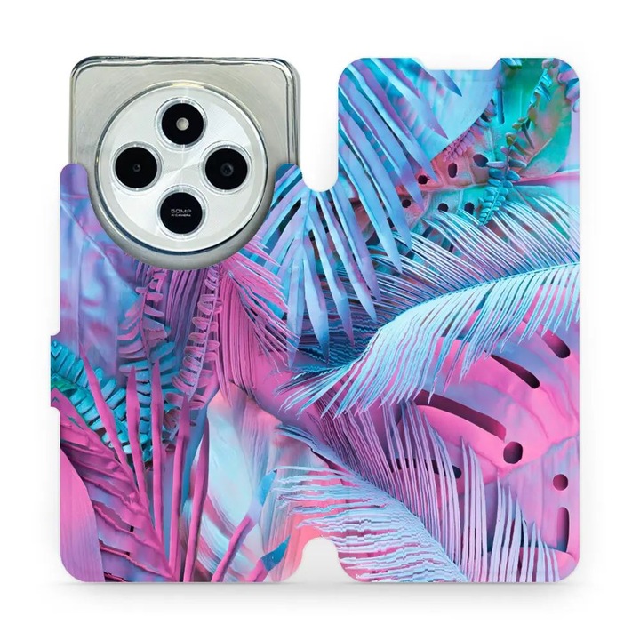 Mobiwear flip tok Xiaomi Redmi 14C / Poco C75 telefonhoz, lila virágokkal, ökológiai bőr anyag, elegáns design