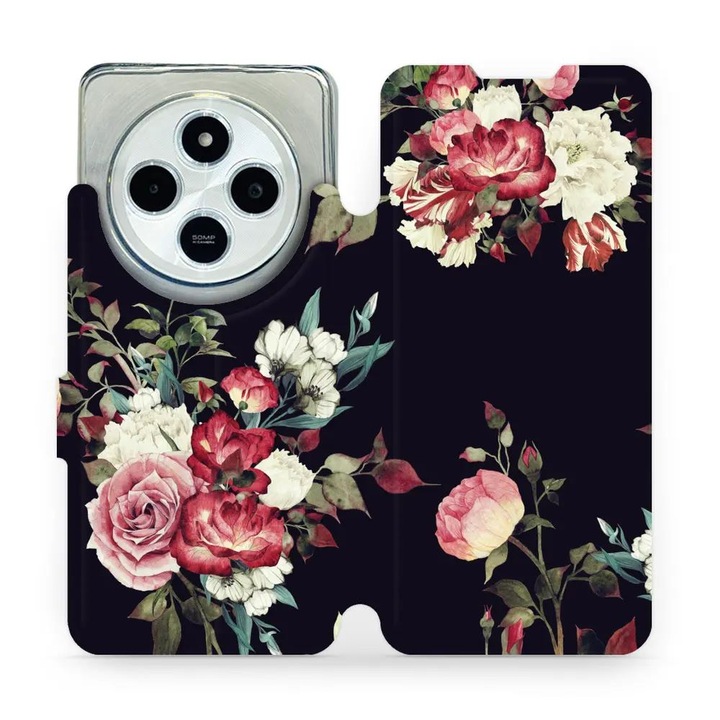 Mobiwear flip tok Xiaomi Redmi 14C / Poco C75-höz, virág dizájn, fekete, ökológiai bőr anyag