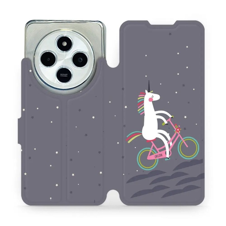 Mobiwear flip tok Xiaomi Redmi 14C / Poco C75-höz, egyszarvú dizájn, többszínű, ökológiai bőr anyag