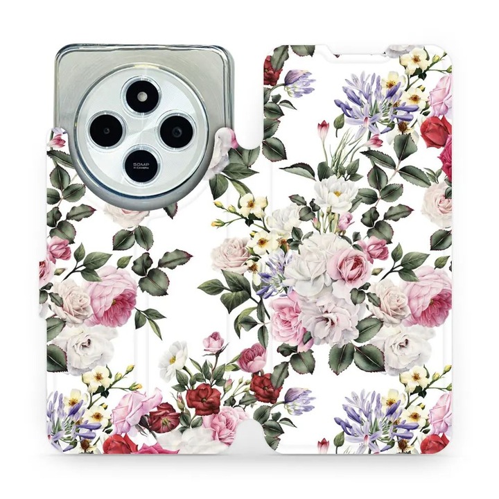 Mobiwear flip tok Xiaomi Redmi 14C / Poco C75-höz, virág dizájn, sokszínű, környezetbarát anyag