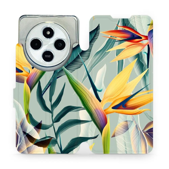 Mobiwear flip tok Xiaomi Redmi 14C / Poco C75 telefonhoz, zöld virág dizájn, környezetbarát anyag, többszínű