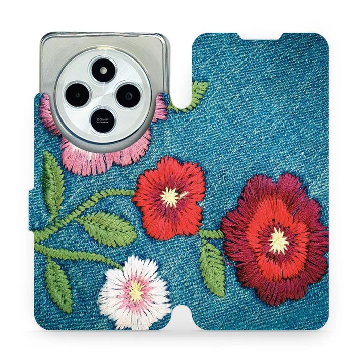 Mobiwear flip tok Xiaomi Redmi 14C / Poco C75-höz, virág dizájn, sokszínű, környezetbarát anyag