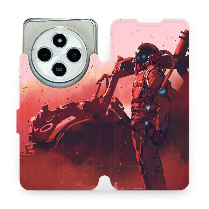 Mobiwear flip tok Xiaomi Redmi 14C / Poco C75 telefonhoz, piros kivitel, ütés- és karcálló, ökológiai bőr anyag