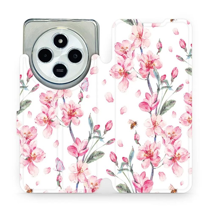 Mobiwear flip huzat Xiaomi Redmi 14C / Poco C75 telefonhoz, virág dizájn, rózsaszín, környezetbarát anyag