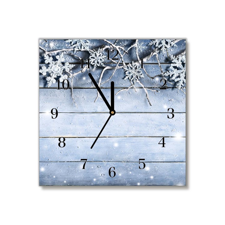 Ceas de perete din sticla Tulup din sticla, Sarbatori, fulgi de zapada, 30x30 cm