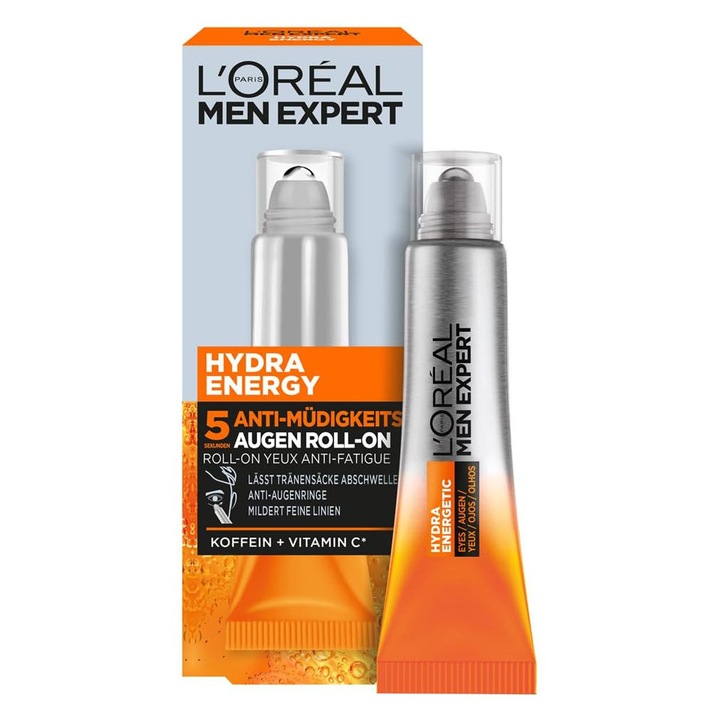 Roll-On Ochi - L'Oréal Men Expert Eye - Pentru Piele Obosita Pentru Barbati - Ingrijire Revigoranta A Ochilor Impotriva Ridurilor Si Cearcanelor - Crema Hidratanta Pentru Barbati Cu Vitamina C Si Cofeina - Hydra Energy - 1 X 10 Ml